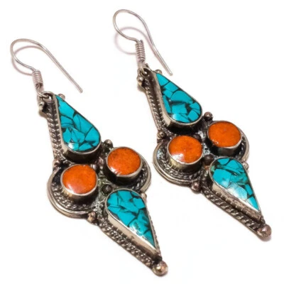 Inlay Turquoise, Coral Gemstone Hand-Crafted Copper Finish Tibetan Style Earring - Image 1 of 3