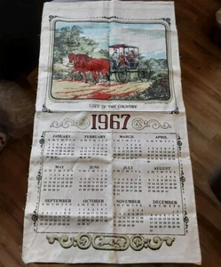 Linen 1967 Calendar Tea Towel Currier Ives Life in the Country The Morning Ride - Picture 1 of 3