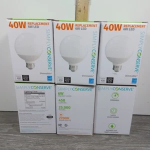 (6) Simply Conserve Decorative Globe LED 6W (40W) Soft White Dimmable Light Bulb - Picture 1 of 5