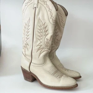 Stivali cowboy vintage ACME cowgirl western bianchi con bordo marrone a punta leggi taglia 6 - Foto 1 di 12