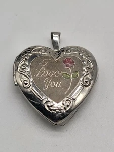 Vintage Sterling Silber 925 K "I LOVE YOU" Gravur Herz Foto Medaillon Anhänger - Bild 1 von 8