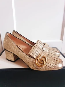 New Gucci Galassia Gold Platino Marmont GG Leather Court Shoes UK 4 EU 37 US 7 - Picture 1 of 14