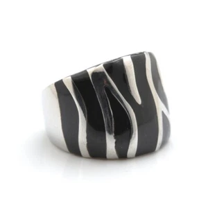 316L Stainless Steel Black Enamel Zebra Stripes Cigar Band Ring - Picture 1 of 1