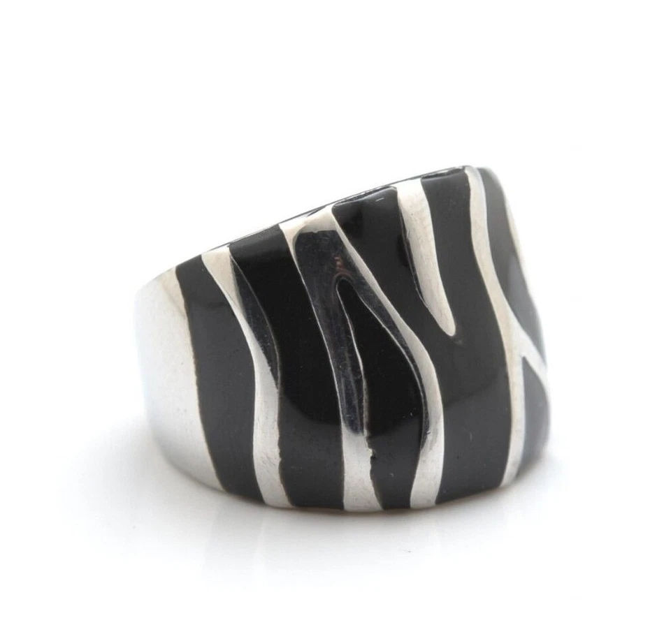 316L Stainless Steel Black Enamel Zebra Stripes Cigar Band Ring - Image 1 of 1