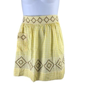 Handmade Vintage Apron Tie Waist Yellow Checker Print Embroidered 1/2 Apron - Picture 1 of 4