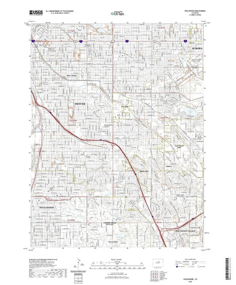 Mapa topográfico Englewood, CO - 2022, reproducción USGS, impresión mate premium Foto 1 de 1