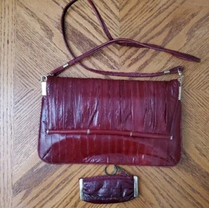 Vtg Eel Skin Purse & Coin Purse, Removable Strap, Oxblood Red, Made In Korea - Picture 1 of 12