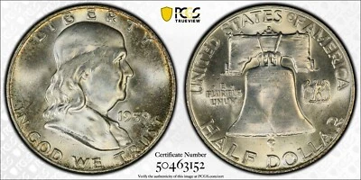 Medio dólar Franklin más líneas de campana completas PCGS MS66+ FBL 1959-D Foto 1 de 3