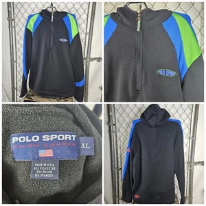 VTG Polo Sport Ralph Lauren 1/4 Zip Hoodie Sweatshirt Black Chest Logo 90s XL - Picture 1 of 9