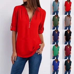 Womens Clothing Loose T Shirt Zipper Button Long Sleeves Plus Size Tops - Picture 1 of 49