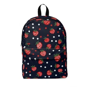 Backpack Strawberry Strawberries Pattern Navy Blue Red Green Bag Zipper School - Picture 1 of 5