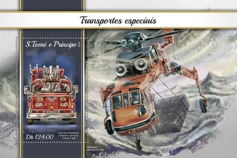 AMERICAN LaFrance 900 Fire Engine & Sikorsky CH-54 Stamp Sheet 345 2018 Sao Tome Cover