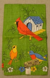 New Vtg PARISIAN PRINTS Tea Towel Pure Linen Birds Cottage Garden MCM NOS - Picture 1 of 3