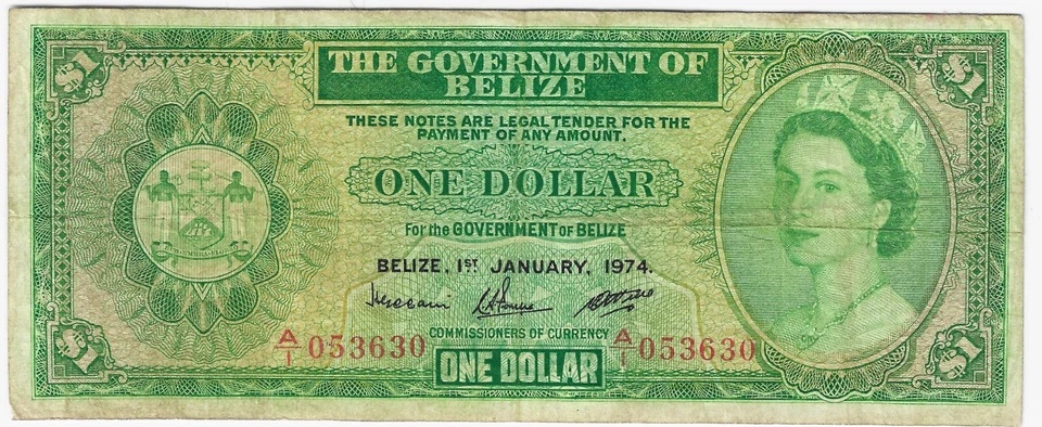 Belice $1 Dólar 1974 P-33a Primera Fecha RARO Reina Isabel II Circulado Foto 1 de 2