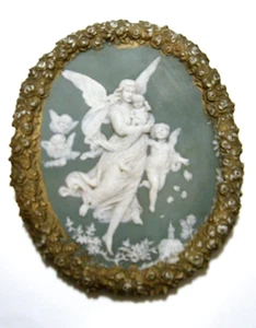 Placa de pared antigua de jaspe verde Schafer & Father de 8" ángel de la guarda y querubines - Imagen 1 de 11