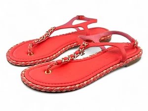 CHANEL Pink Coral Gold Chain Embellished Thong Sandal CC Charm Size 37 EUC - Picture 1 of 7