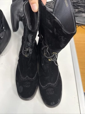 Chanel black velvet Cut out Boots 39 - Image 1 of 4