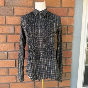 Ralph Lauren Ruffle Blouse Western Plaid Top | Blue Green | Size 10 Runs Small - Picture 1 of 12