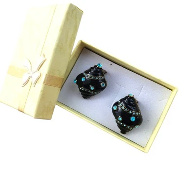 Heidi Daus Earrings Sea Shell Ocean Enamel Omega Back Black Blue New - Image 1 of 4