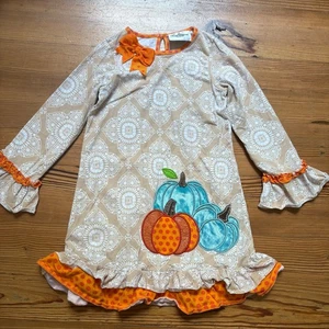 Rare Editions beige orange ruffle bow pumpkin long sleeve dress SIZE 6 - Picture 1 of 5