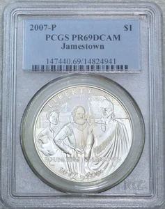 2007-P Jamestown Silver Dollar PCGS PR69DCAM Frosty Deep Cameo Proof #M233J - Picture 1 of 3