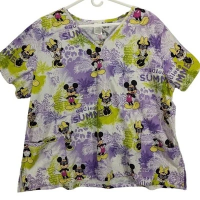 Scrub Top Womens 3X Mickey Minnie Mouse Summer Purple Yellow Short Sleeve Nurse - Image 1 of 4