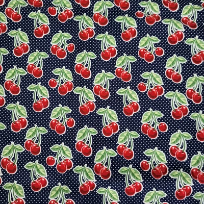 Waverly Inspiration Fabric Red Cherries  Blue White Polka Dots  74x43 - Image 1 of 4