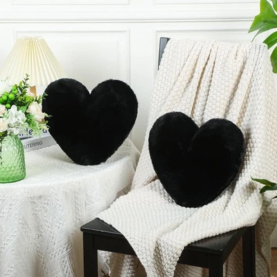 2 PCS Black Fluffy Heart Shaped Pillow, 11.81 x 11.02-Inch, Plush Throw Cushion - Image 1 of 4