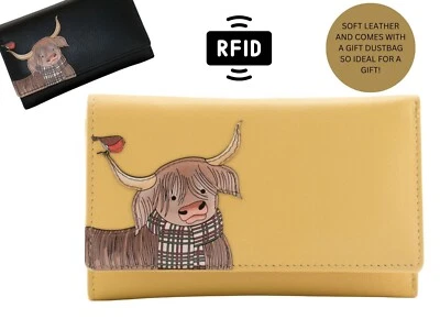 Callum Highland Cow & Robin RFID Large Soft leather trifold purse Mala Leather - Image 1 of 4