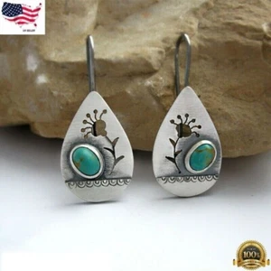 925 Silver Plated Stud Dangle Drop Earrings Women Turquoise Jewelry Simulated - Picture 1 of 3