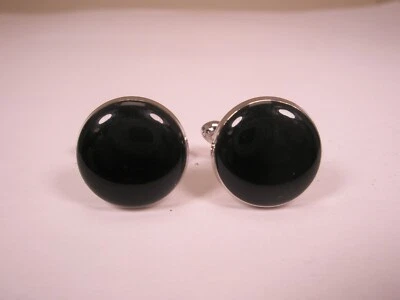 Gemelos vintage redondos de piedra negra de 5/8" y tono plateado Foto 1 de 4