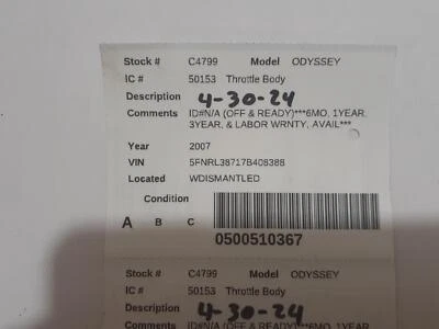 Used Fuel Injection Throttle Body fits: 2007 Honda Odyssey 3.7 Grade A - Изображение 1 из 4