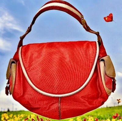 Cole Haan Bolso de Hombro Hobo Solapa Superior Cuero Borde Naranja Nylon Foto 1 de 4