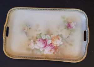 VTG JS Germany Porcelain Hand Painted Roses Handled Tray Gold Trim - Picture 1 of 10