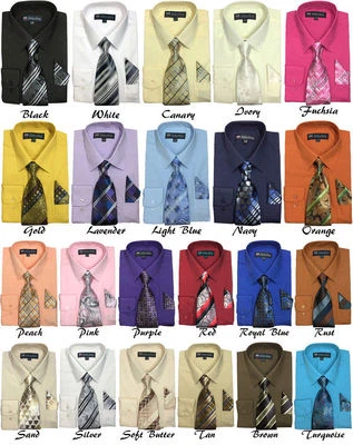 Men's Cotton Blend Dress Shirt with Tie and Handkerchief 22 different colors 21B - Image 1 of 4
