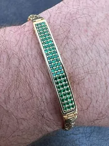 Men Presidential ID Bracelet 14k Gold Plated Silver Iced Green Gemstone Hip Hop - Picture 1 of 12