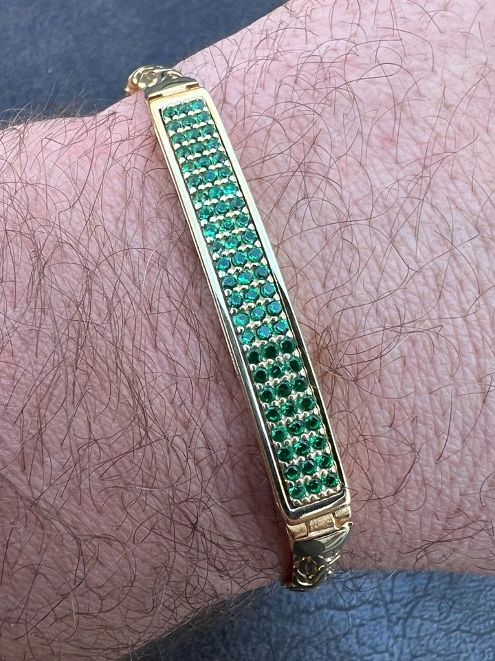 Men Presidential ID Bracelet 14k Gold Plated Silver Iced Green Gemstone Hip Hop Foto 1 de 4