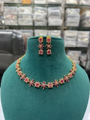 Ruby stones base Gold Plated Pearl and Studs based Red stones Choker Necklace Se - Image 1 of 2