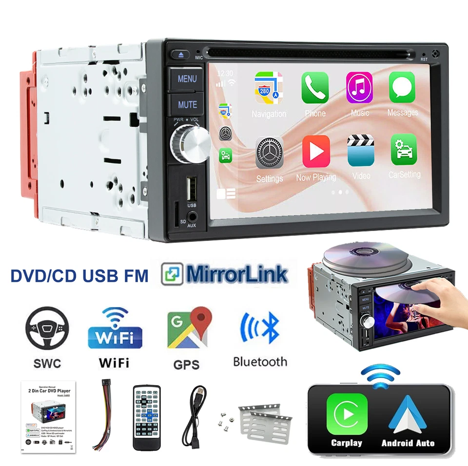 2 DIN 6.2" Carplay & Android Auto CD DVD Player FM AM RDS Stereo Head Unit Radio - Image 1 of 4