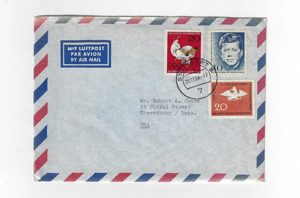 GERMANY 1964 air mail cover to USA WITH A KENNEDAY STAMP WITH LETTER INSIDE RARE - Image 1 of 1