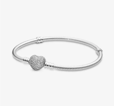 "PANDORA" MERAVIGLIOSO AUTENTICO BRACCIALE Cuore in Pave' 💗ARGENTO NUOVO 21cm! - Immagine 1 di 3