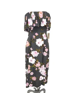 New Flynn Skye Fiona Strapless Dress Womens M Stone Roses Grey Floral Rayon Ruff - Picture 1 of 5