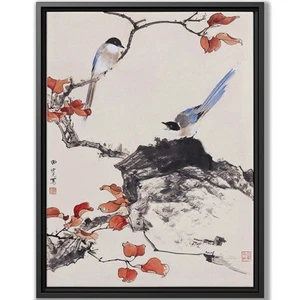 Chinese Painting Canvas Print Birds Wall Art Maple Decor Framed Japanese Art - Picture 1 of 9