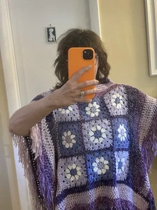 A Purple Granny Square Poncho With Fringe 100% Handmade - Picture 1 of 3