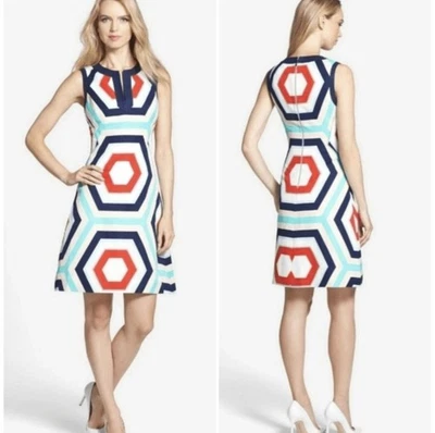 Vestido KATE SPADE Zuma Geométrico Línea A Talla 4 Nuevo con Etiquetas $398 Mod Art Algodón/Lino Foto 1 de 4