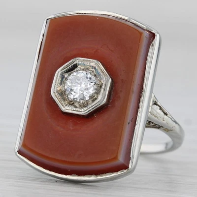 Vintage Sardonyx Diamond Signet Ring 14k White Gold Size 6 - Image 1 of 4
