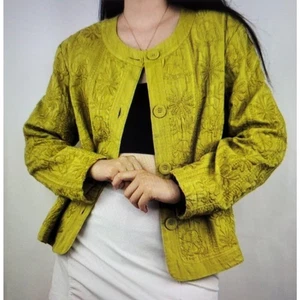 Chico's Green Embroidered Cotton Lightweight Jacket Floral Cardigan Size 2 (Med) - Picture 1 of 6
