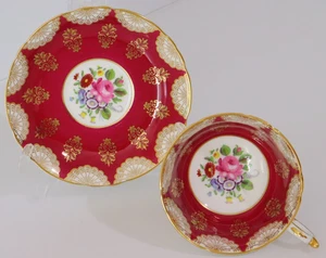 Paragon Pink Rose Red Maroon Gold Gilt Tea Cup Saucer Vintage English Duo Set - Picture 1 of 11