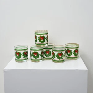 Vintage 6er Set Hallmark 70er Jahre Lowball Stechpalme Beerenkranz Weihnachtsgläser - Bild 1 von 6