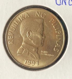 1991 Philippines 5 Piso UNCIRCULATED Nickel Brass Coin-25.5MM-KM#259 - Picture 1 of 4